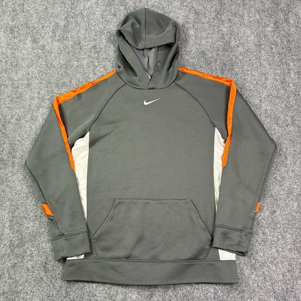 Nike Boys Performance Hoodie Youth XL Gray Orange Colorblock Swoosh Pullover Y2K